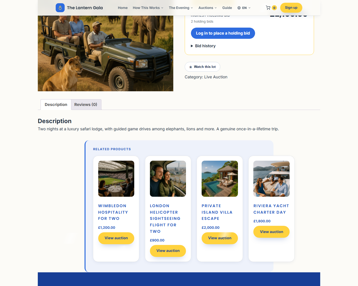 An auction lot page with the current bid, bid history and a bid button